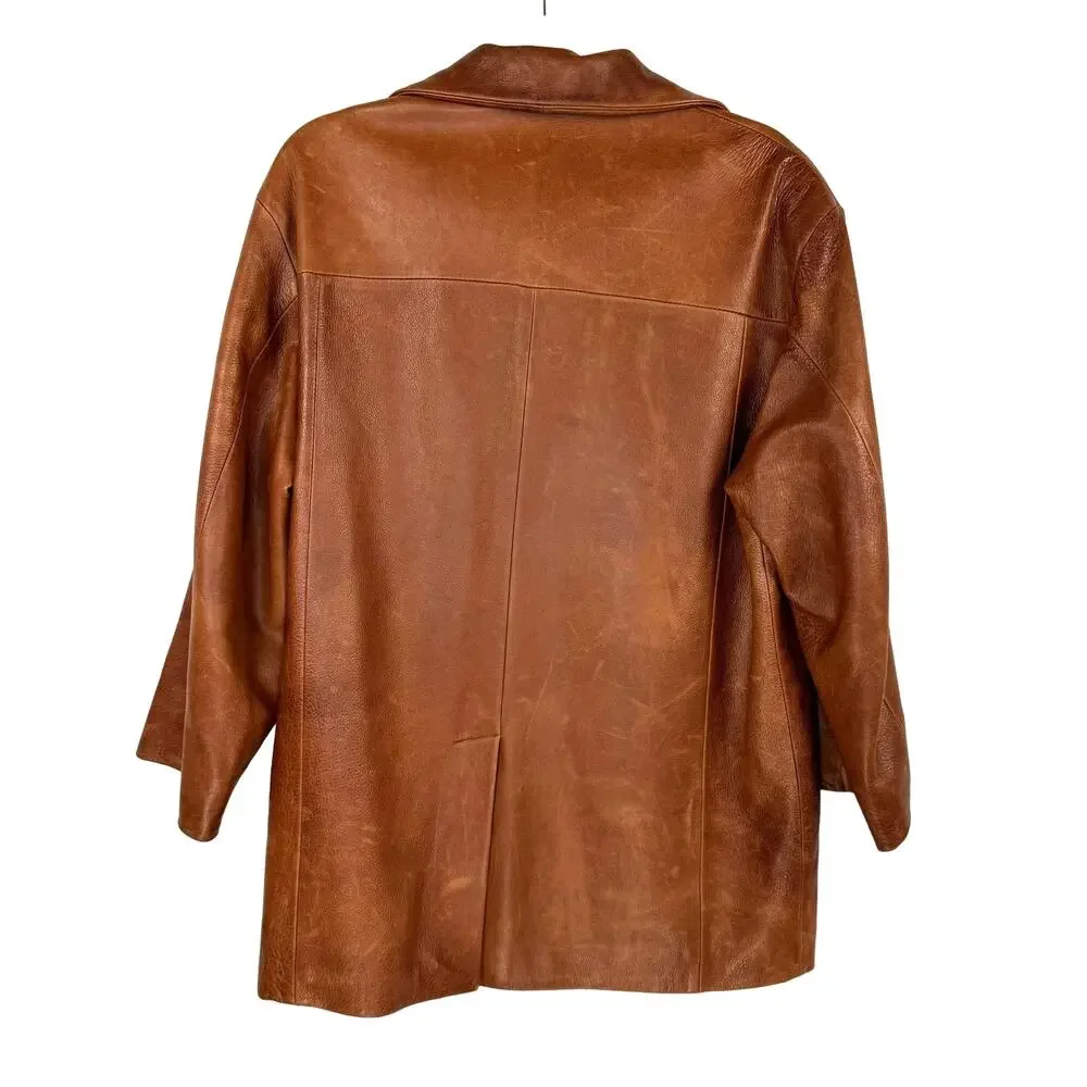 Andrew Marc Leather Car Coat S Brown Button Front Classic Heritage Luxury Jacket